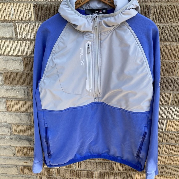 RLX Ralph Lauren Men LARGE Techy Terry 1/2 Zip Hoodie Jacket Blue Gray Jug Logo - Picture 1 of 7